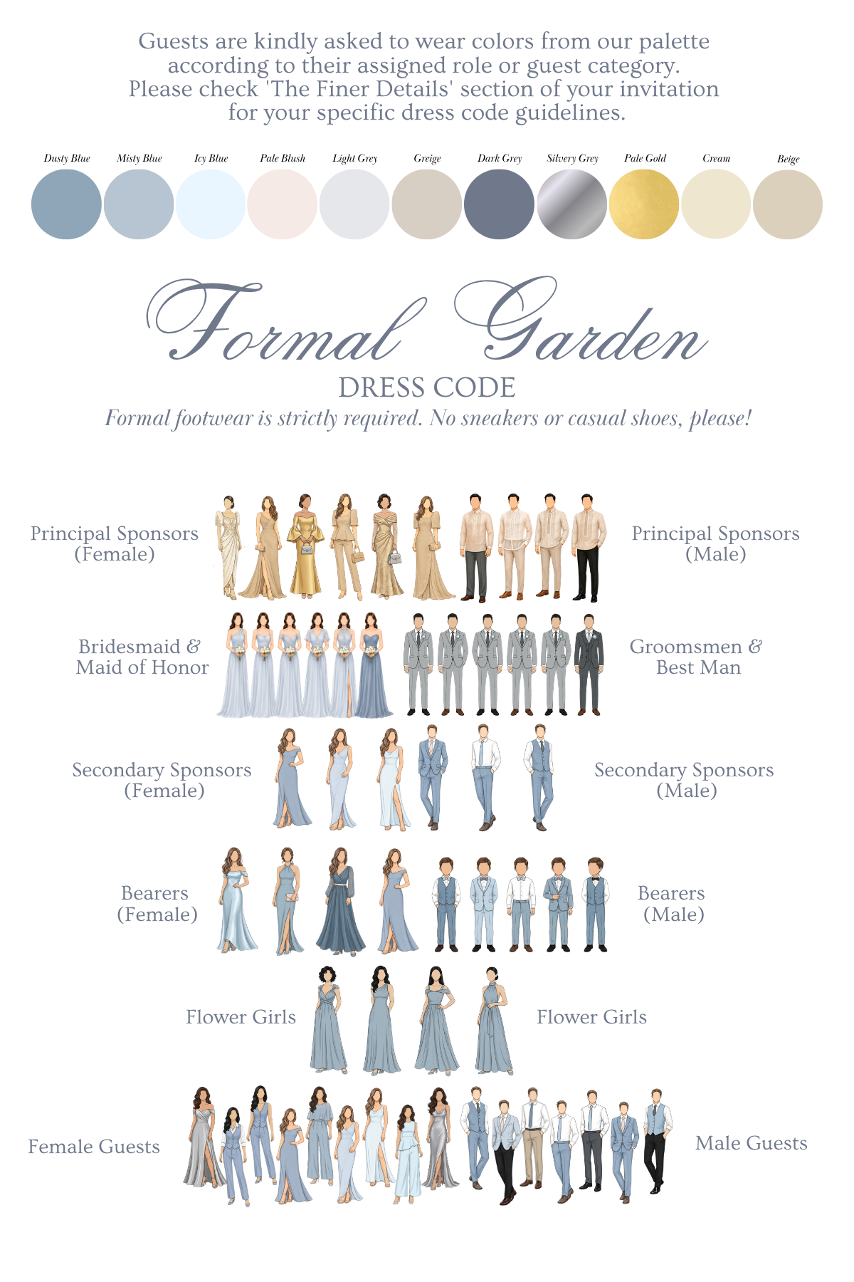 Wedding color palette and dress code guide with guest attire examples